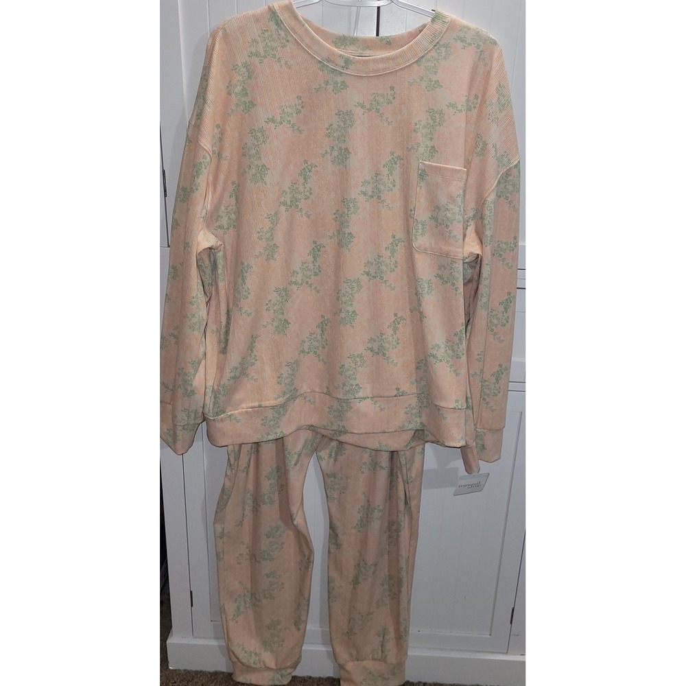 Tranquil & True Womens 2X Peach Green Floral Ribbed Lounge Set 2pc NWT soft!